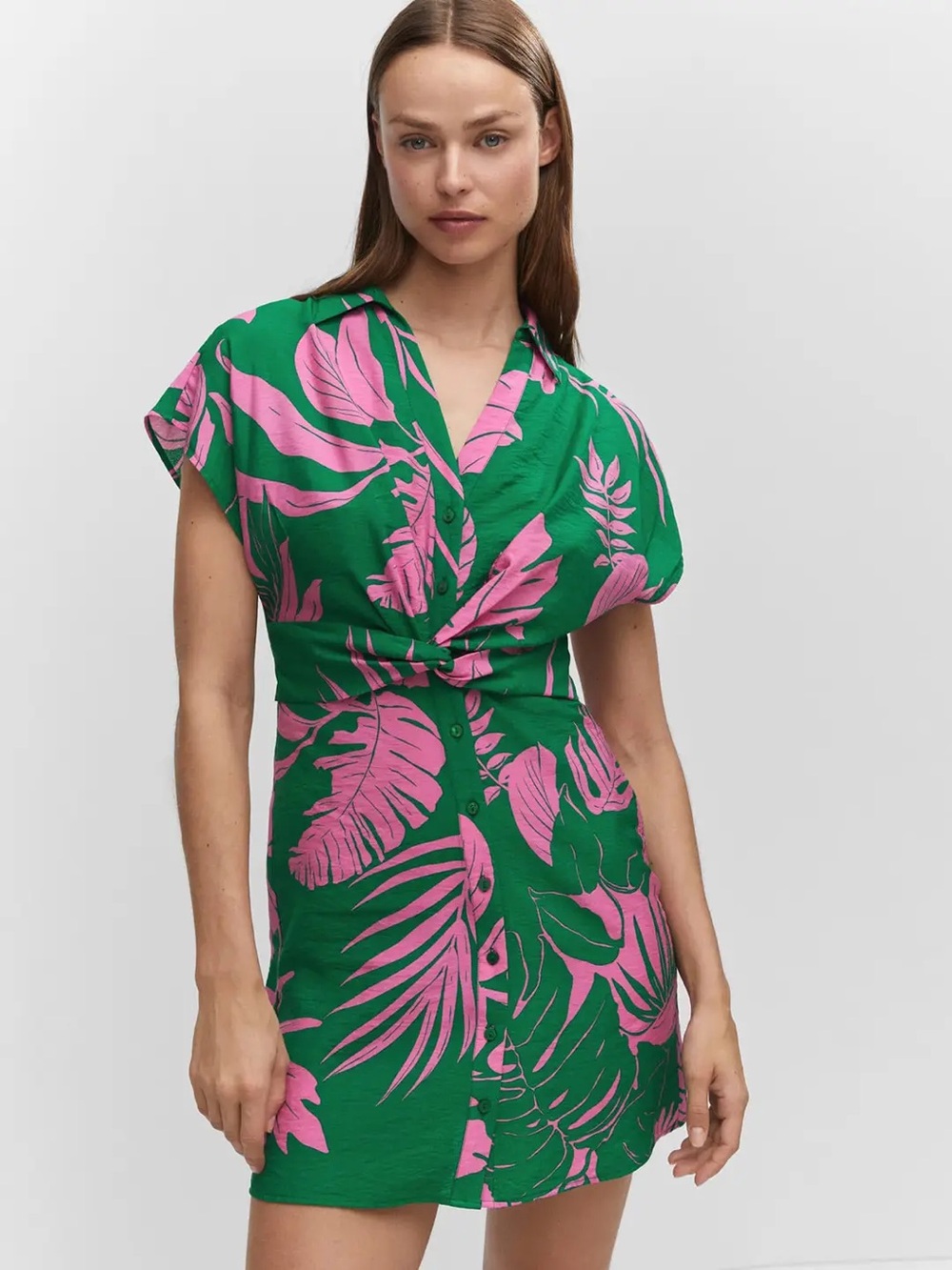 New Mango Green Dress with Pink Floral Print